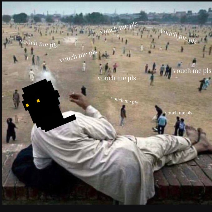 A digitally edited meme image showing a person lying down overlooking a crowded park, with their face obscured by a black pixelated character and the text 'vouch me pls' scattered across the scene.