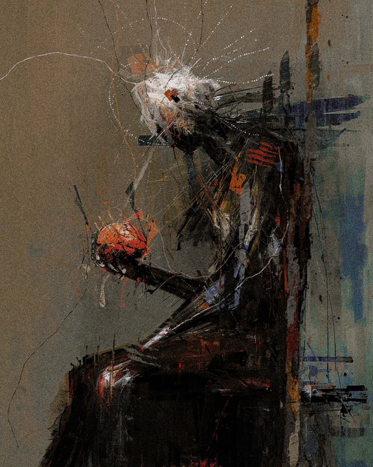 A dark, textured mixed-media artwork depicting a figure against a brown background with orange and white accents and scratchy line work.