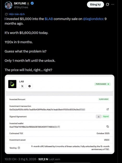 A tweet from @Skylinee shows a screenshot of a $LAB token investment purchase confirmation, displaying a $5,000 USDC investment with a 9-month cliff vesting schedule and an estimated TGE of October 2025, illustrating the original investment that saw paper gains of 1120x to $5.6 million before ultimately returning to zero.
