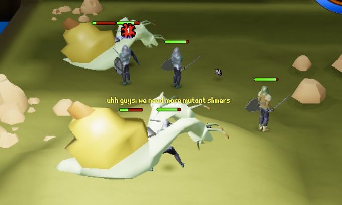 A screenshot from the video game RuneScape shows players fighting large green slayer creatures, with on-screen text reading 'uhh guys we need more mutant slimers'.