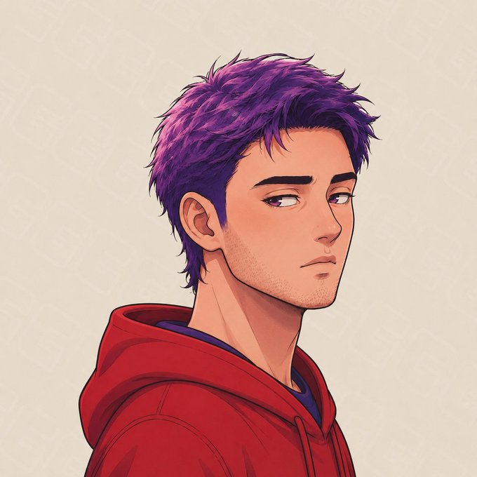 A digital anime-style illustration shows a young man with spiky purple hair, purple eyes, and light stubble, wearing a red hoodie as he gazes to the side. The moody, contemplative character art pairs with the post's motivational crypto greeting for "River4fun," giving the "good morning" message an introspective, early-day energy.