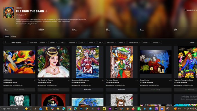 A screenshot of an NFT marketplace profile titled 'FILE FROM THE BRAIN' displaying various digital art collections including 'Neurosculpt Divergence' and 'The Inner Circus'.