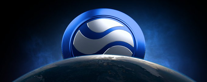 A blue and silver circular logo resembling a stylized 'S' or wave design rising above the curved horizon of Earth against a dark, misty background.