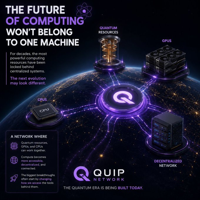Promotional graphic for 'QUIP NETWORK' stating 'THE FUTURE OF COMPUTING WON'T BELONG TO ONE MACHINE' and 'THE QUANTUM ERA IS BEING BUILT TODAY,' illustrating decentralized networking of quantum resources, GPUs, and CPUs.