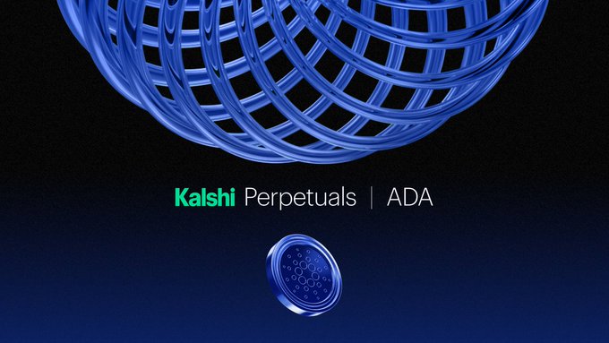 A promotional graphic for Kalshi Perpetuals featuring ADA, with blue 3D torus shapes and a small coin on a dark gradient background.