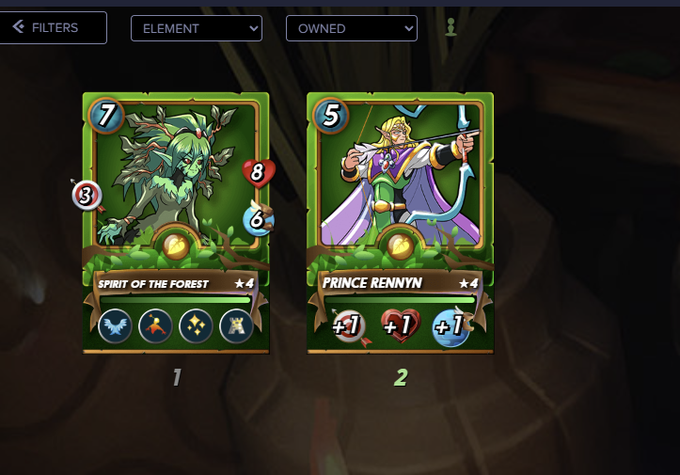 A screenshot from a digital card game showing two cards: 'Spirit of the Forest' (cost 7, 3/8 stats) and 'Prince Rennyn' (cost 5, with +1/+1/+1 buffs).