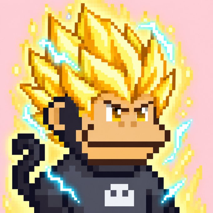 A Super Saiyan-style pixel art portrait featuring a character with spiky golden hair, glowing yellow aura, and blue electric sparks, wearing a dark gi—directly illustrating the post's offer to transform users' profile pictures into Super Saiyan versions of themselves.