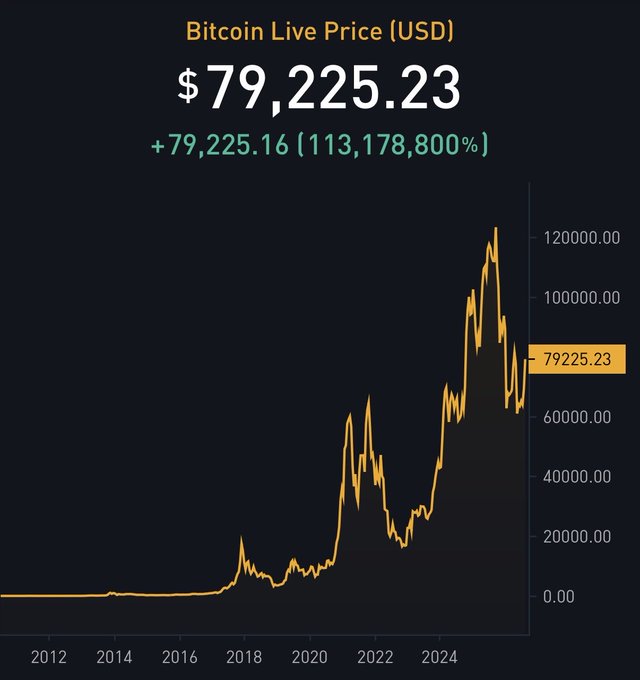 A Bitcoin Live Price chart in USD showing a current price of $79,225.23 with a gain of +79,225.16 (113,178,800%), displaying price history from 2012 to 2024.