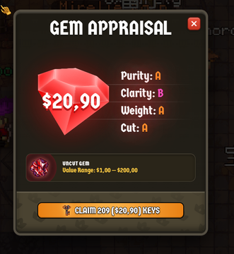 Game interface popup titled 'GEM APPRAISAL' showing a red gem valued at $20.90 with ratings: Purity A, Clarity B, Weight A, Cut A, and an option to 'CLAIM 20 ( $20.90) KEYS'.