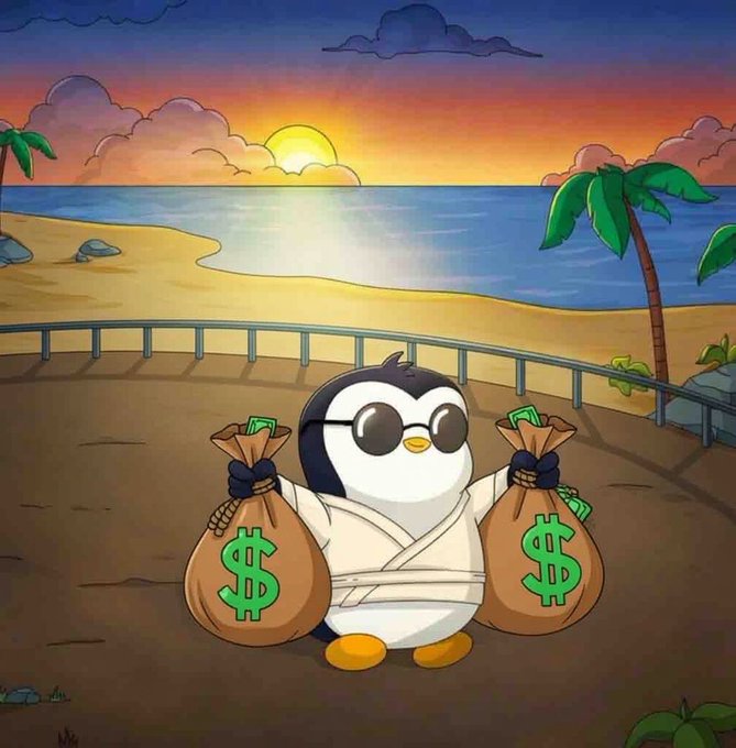 A cartoon penguin wearing sunglasses holds two money bags marked with green "$" signs on a tropical beach at sunset. The image ties into the $RALPH giveaway post, using the money bags to visually represent the cash prize being offered.