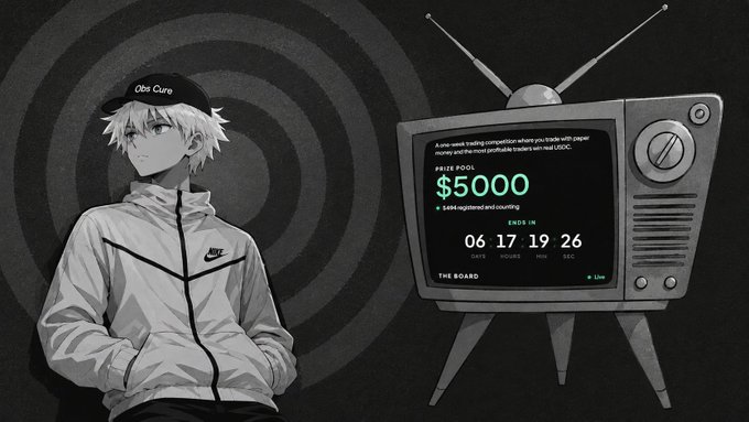 An anime-style illustration of a character wearing a black 'Obs Cure' cap and a white Nike jacket standing next to a vintage television displaying a '$5000' raise pool with 'Ends in 06 17 19 26'.