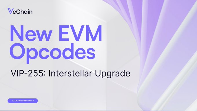 A promotional graphic featuring the VeChain logo displays "New EVM Opcodes" as the headline, with "VIP-255: Interstellar Upgrade" beneath it and a "VECHAIN RENAISSANCE" tag at the bottom, set against a purple abstract background. The image directly illustrates the post's announcement about the successful Interstellar vote and the VIP-255 upgrade merging to mainnet as part of VeChain's Renaissance series.