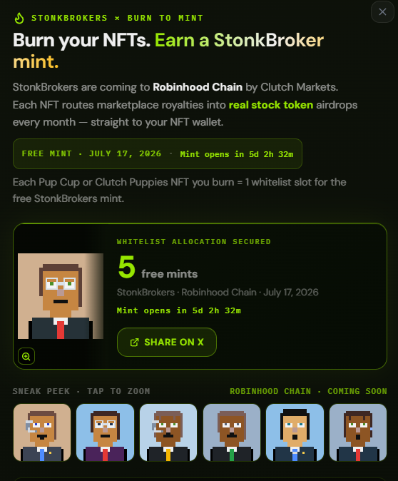 A promotional NFT page for 'STONKBROKERS x BURN TO MINT' on Robinhood Chain by Clutch Markets, advertising a free mint on July 17, 2026, with pixel-art character icons.