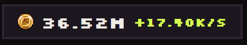 A pixelated graphic displays a mining or progress counter showing '36.52H' alongside a hash rate of '+17.40K/s' in green text.
