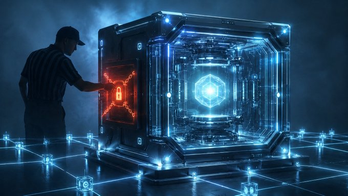The image shows a man standing next to an electronic device with a lock on it. The device appears to be a cube-shaped object, possibly a safe or a digital box, which has a red lock symbol on its front. The man is reaching out towards the device and touching one of its sides. The background features a dark blue color scheme, giving the impression that they are in a room with dim lighting. There are also several small lights scattered around the image, adding to the overall atmosphere.