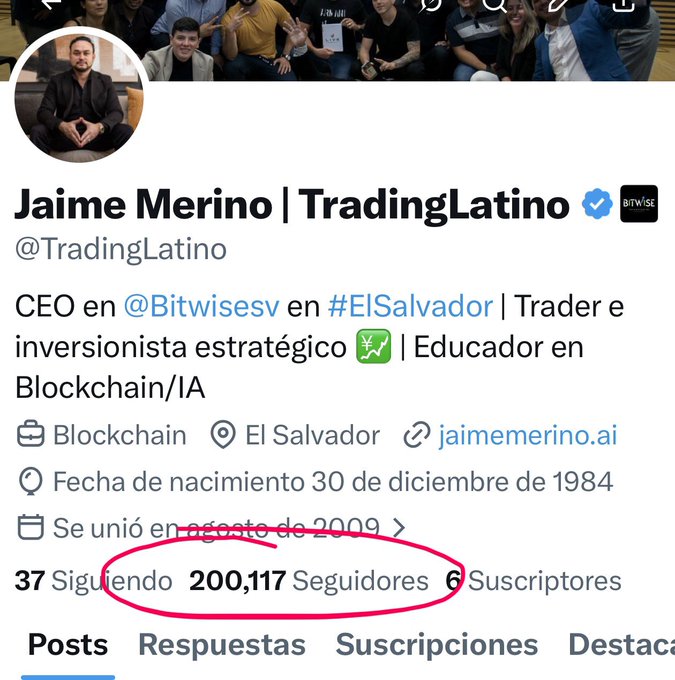 A Twitter/X profile screenshot of Jaime Merino (@TradingLatino), CEO of Bitwise, with 200,117 followers circled in red, celebrating the milestone of surpassing 200,000 followers in his Bitcoin and crypto community as mentioned in the accompanying post.