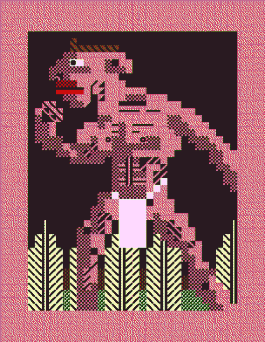 A pink and black pixel-art style illustration of a hulking creature holding a rectangular object, standing against a black background with vertical green striped patterns.