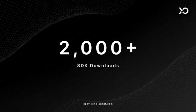 The image features a black background with white text that reads "2,000+ downloads in less than a month. xPay SDK is becoming one of the routing and discovery layers for agentic commerce. Agents can discover x402 services, access Pay.sh resources, understand pricing, and pay per request directly inside their workflows." The image also includes an image of a black and white wave pattern that appears to be floating in front of the text.