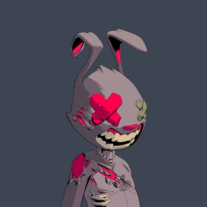 An illustration of a creepy gray rabbit-like creature with a red X over one eye, a wide toothy grin, and visible wounds on its body.