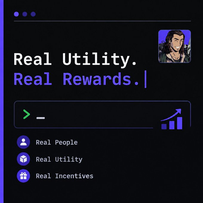 Promotional graphic with the text 'Real Utility. Real Rewards.' featuring a character avatar and listing Real People, Real Utility, and Real Incentives.