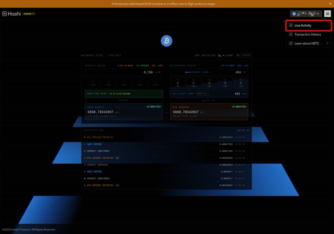 A screenshot of the Hoshi protocol dashboard showing network metrics with cryptocurrency data including Bitcoin and Ethereum addresses, with a red highlight box around 'Live Activity' in the top right menu.