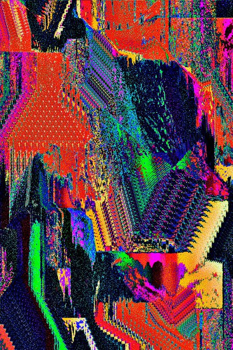 A vibrant, abstract digital artwork with glitch-art aesthetics featuring distorted human-like forms in bright red, green, blue, and yellow colors.