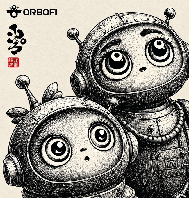 A detailed black-and-white ink illustration depicts two retro-style robots with large expressive eyes, branded with the "ORBOFI" logo in the top left corner.