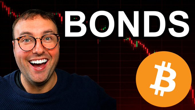 A smiling man in glasses appears next to a Bitcoin logo and the word 'BONDS' against a background of red and green trading charts.