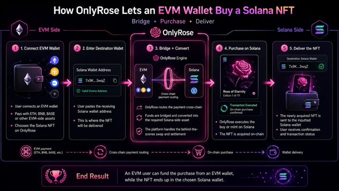 An infographic titled 'How OnlyRose Lets an EVM Wallet Buy a Solana NFT' details a 5-step process: Connect EVM Wallet, Enter Destination Wallet, Bridge + Convert, Purchase on Solana, and Deliver the NFT.