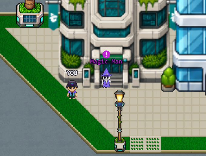 The image features a cartoon-like scene with two people standing next to each other, one wearing a hat and the other holding a lantern. They are positioned near a building that has a sign for "Magic Man" on its facade. The text in the image reads "Do you want to do some private transfers? The Magic Man is waiting for you in front of the @magicblock building Check it out on our Devnet demo Live in SolanaCity.io". This suggests that there might be an ongoing transaction or a magical event taking place, and the two people are involved in this process.