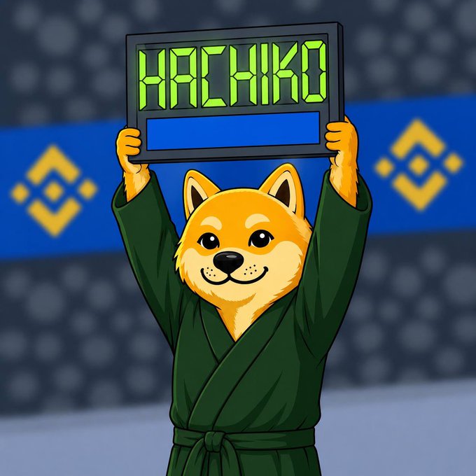 A cartoon illustration of a Shiba Inu dog wearing a green robe, holding up a digital display reading 'HACHIKO' in green LED-style text, with the Binance logo visible in the blue background.
