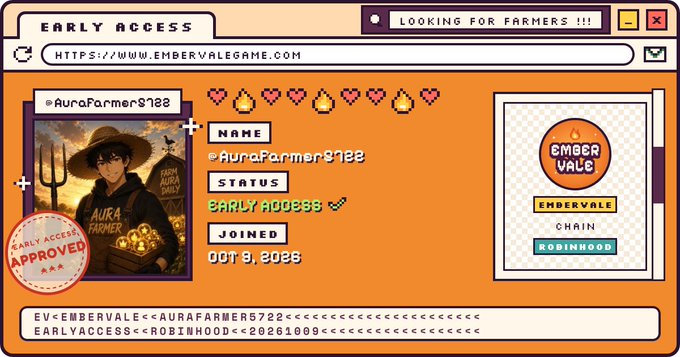 A retro-style digital certificate for 'EmberVale' early access featuring an anime farmer character, with the name 'AuraFarmer8722' and status 'EARLY ACCESS APPROVED.'
