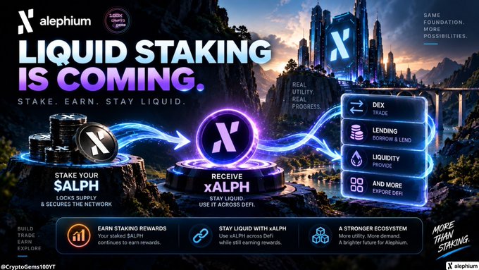 A promotional graphic for Alephium cryptocurrency announcing 'LIQUID STAKING IS COMING' with details about staking $ALPH and features like DEX trading, lending, and liquidity provision.