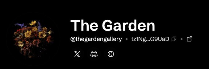Profile banner for 'The Garden' (@thegardengallery) showing a circular artwork of birds and flowers, with social media icons for X, Discord, and a website.