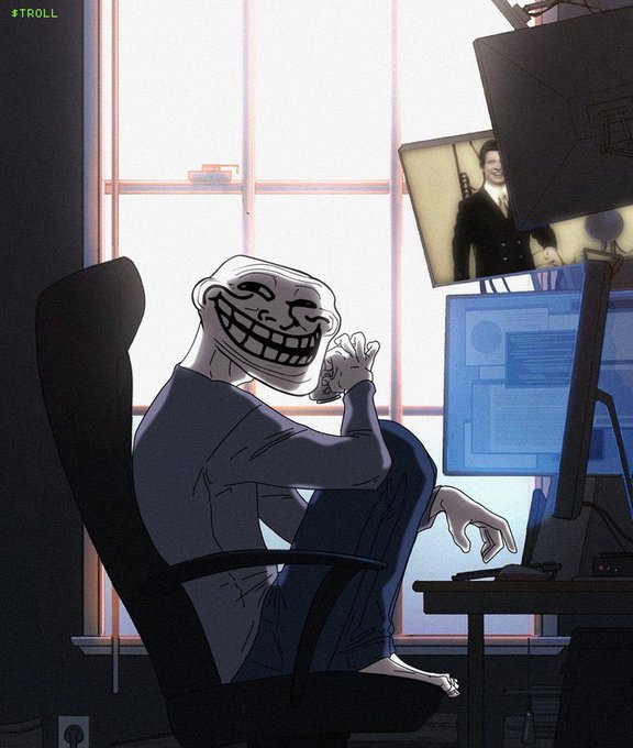 A Trollface meme character sits relaxed in a gaming chair, clapping hands with a smirk, watching JFK on a monitor—perfectly capturing the smug "diamond hands" energy of someone greeting the market with unshakable confidence.