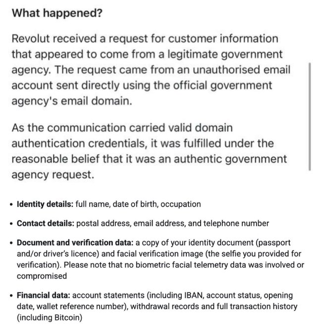 A screenshot displays a security notice from Revolut titled 'What happened?' detailing a data breach where customer information was shared via a spoofed government agency email request, listing compromised data categories including identity, contact, document, and financial information.