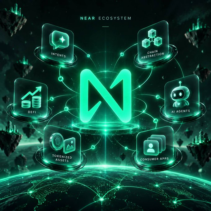 A glowing "N" logo labeled "NEAR ECOSYSTEM" sits at the center, surrounded by interconnected holographic nodes representing Intents, Chain Abstraction, AI Agents, Consumer Apps, Tokenized Assets, and DeFi. The image visually reinforces the post's thesis of $NEAR evolving into a unified, interconnected stack where crosschain intents, chain abstraction, and AI agents form the foundation for DeFi, tokenized assets, and consumer apps.