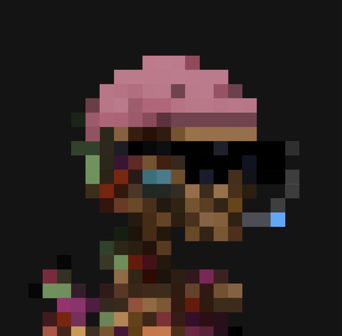 Low-resolution pixel art character with a pink helmet/cap and dark glasses on a black background.