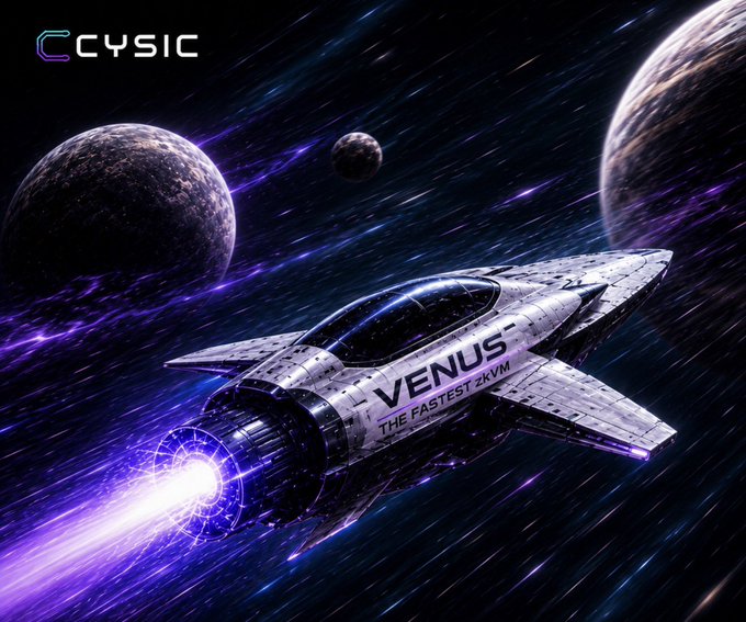 A futuristic spacecraft labeled 'VENUS - THE FASTEST ZKVM' branded with CYSIC, traveling through a cosmic scene with purple energy trails and planets.