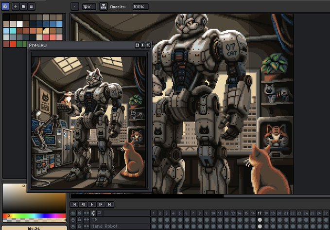 A screenshot of pixel art software showing a detailed robot character labeled '07 CAT' standing in a workshop setting, with a cat and dog present, displayed in both the main canvas and preview window.