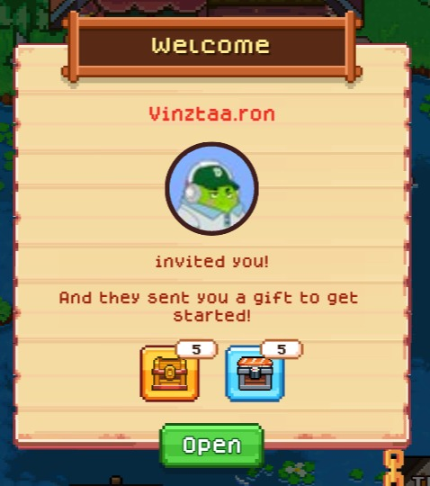 The image shows an invitation screen from a game called "Fishing Fringe", which features two characters named Ronin and Vinztaa. The screen displays a welcome message inviting players to join the game, along with details about the rewards for new players and referrers. It also mentions that the rewards are actually worth it!