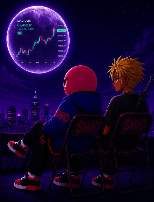 The image features a man and woman sitting next to each other on two folding chairs, with one chair situated under a city skyline at night. Both individuals are wearing jackets and have backpacks nearby. In the background, there is a large purple circle representing the moon, which is surrounded by various buildings in the scene. The caption of the image reads "GM CT Just checked the market with @madrichclub_ & it' s looks good because we are holders of $MAD But to others the market keeps failing them".