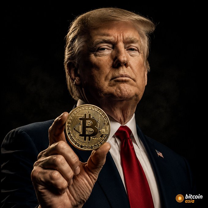 A composite image of Donald Trump holding a gold Bitcoin, illustrating his supportive stance on the cryptocurrency as a symbol of financial independence.
