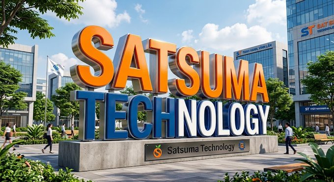 A large 3D sign reads 'SATSUMA TECHNOLOGY' in orange and blue letters, displayed on a stone pedestal in front of a modern office complex with the 'ST' logo visible on the building.