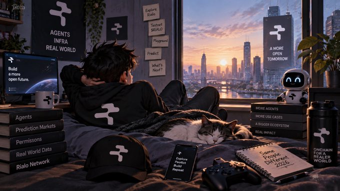 A digital illustration of a person relaxing in bed with a cat, looking out a window at a futuristic cityscape. Posters on the wall promote 'AGENTS INFRA' and 'A MORE OPEN TOMORROW' for 'Rialo Network'.