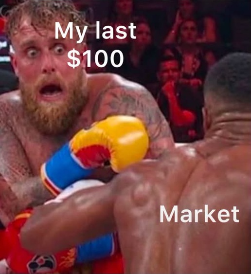 A meme showing Jake Paul looking shocked while being punched in a boxing match, with text 'My last $100' labeling him and 'Market' labeling his opponent.