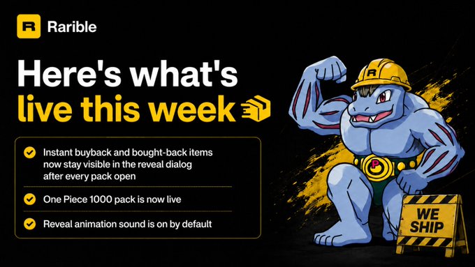 A Rarible promotional graphic titled "Here's what's live this week," featuring a muscular gorilla mascot in a construction helmet flexing beside a "We Ship" sign. The graphic highlights three updates: instant buyback items staying visible in the reveal dialog, the One Piece 1000 pack going live, and reveal animation sound being enabled by default—matching the accompanying post about new Gacha Station improvements.