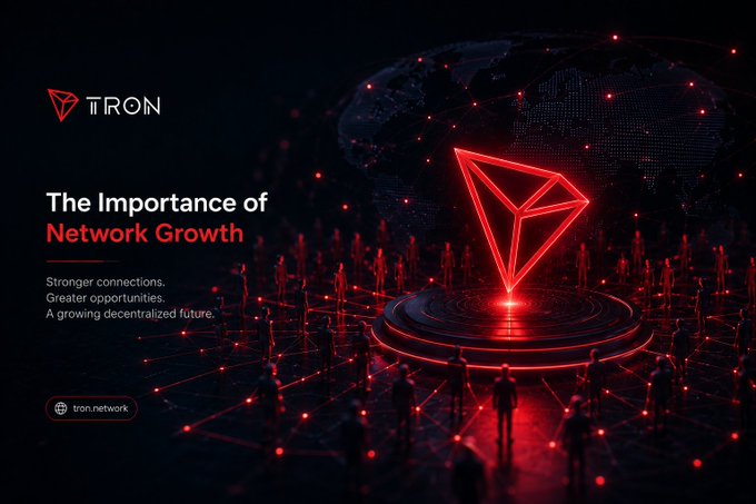 A TRON promotional graphic titled 'The Importance of Network Growth' featuring a glowing red TRON diamond logo above silhouettes of people standing in a connected network, with text 'Stronger connections. Greater opportunities. A growing decentralized future.'
