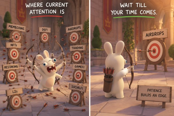 A split-panel image contrasts a frantic white bunny surrounded by many targets labeled MEMECOINS, DEFI, AIRDROPS, NFTs, TRADING, RESTAKING, GAMEFI, L2S, and SOCIALFI under the heading "WHERE CURRENT ATTENTION IS," against a focused bunny aiming at a single AIRDROPS target with a sign reading "PATIENCE BUILDS AN EDGE" under "WAIT TILL YOUR TIME COMES." The image visually reinforces the post's advice to specialize in one area rather than scattering effort across every crypto meta.