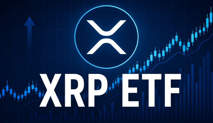 A promotional graphic displays the XRP logo with the text 'XRP ETF' over a blue background featuring an upward-trending stock chart and arrow.